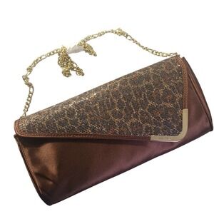 Nine West Leopard Glitter Evening Clutch Purse Brown Gold‎ Chain NWT Holiday